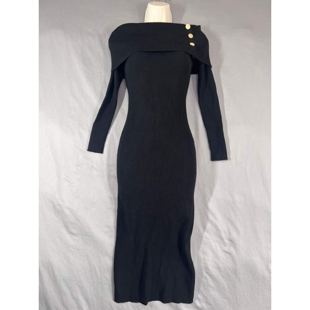 Elie Tahari Noir Ribbed Knit Off Shoulder Midi Dress Gold Buttons Black Small